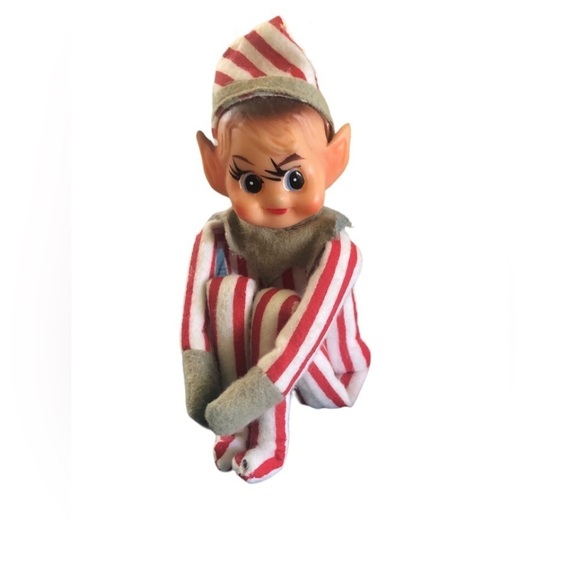 VTG 60’s Pixie Sitting Elf Striped Suit Hat Bell Big Pointy Ears Ornament Japan - Picture 1 of 7